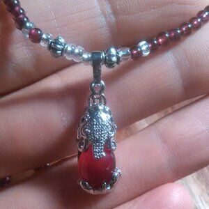 Simulated Ruby and Genuine Mozambique Garnet Silvertone Dragon Pendant Necklace